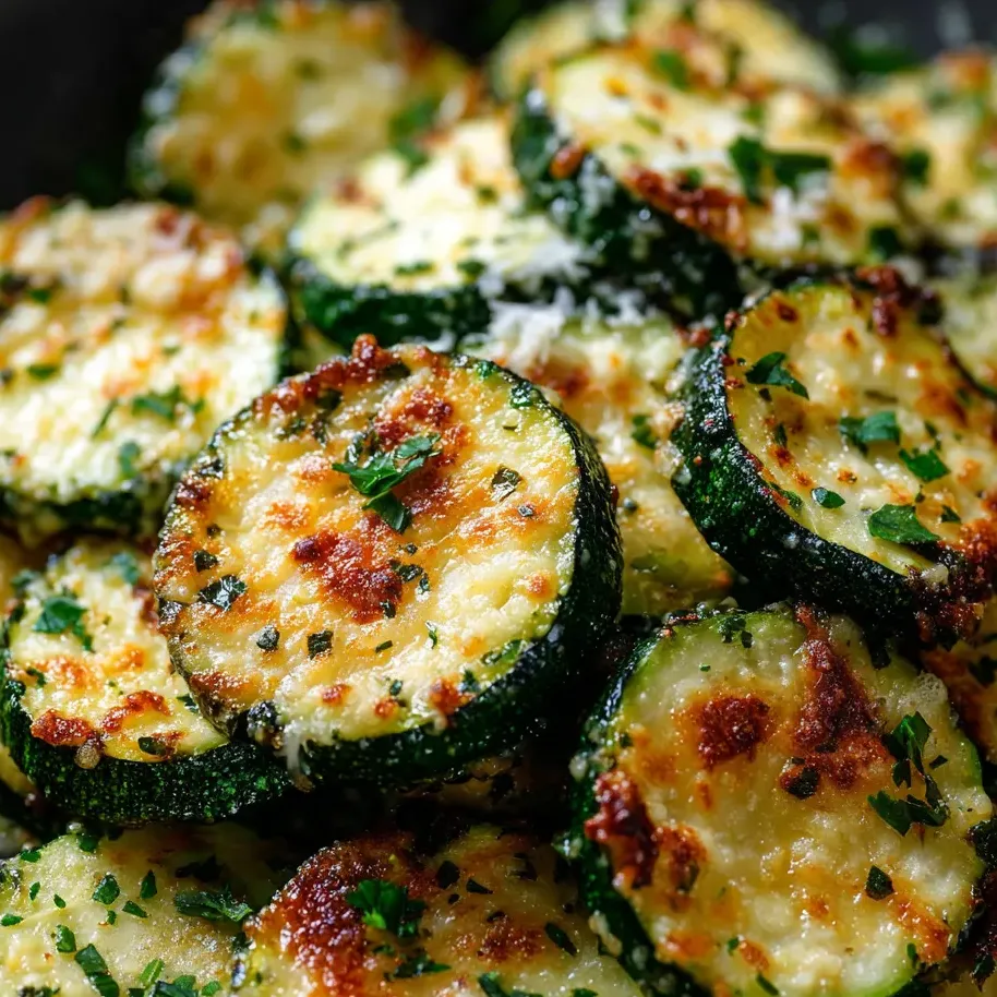 Grilled zucchini slices on a plate, covered in herbs and melted cheese.