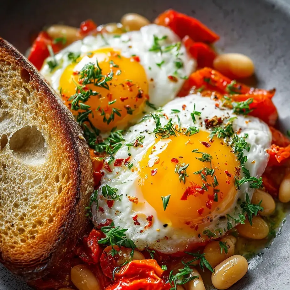 Eggs, beans, and tomatoes in a pan topped with herbs.