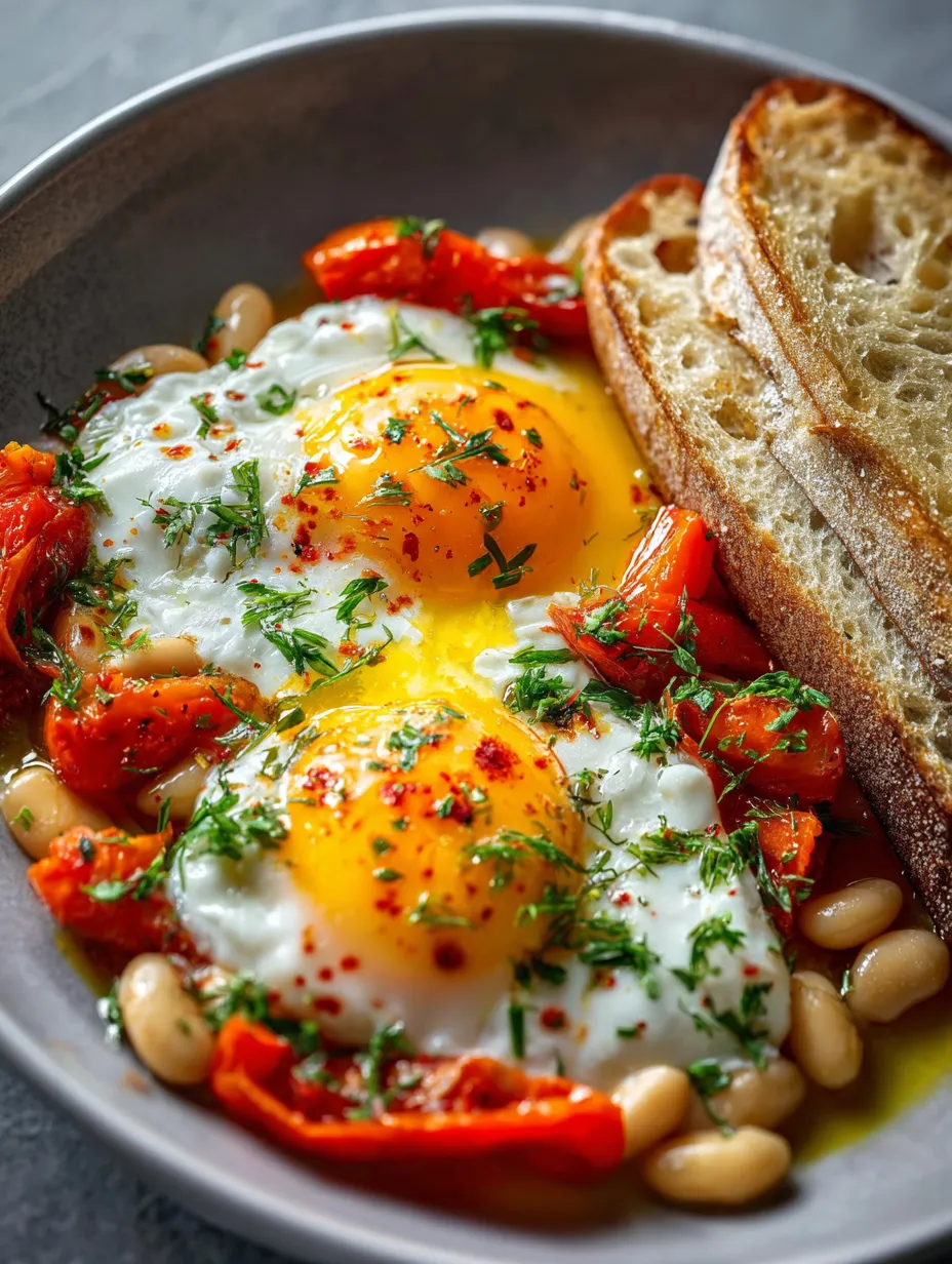 A plate of food with eggs, beans, and bread.