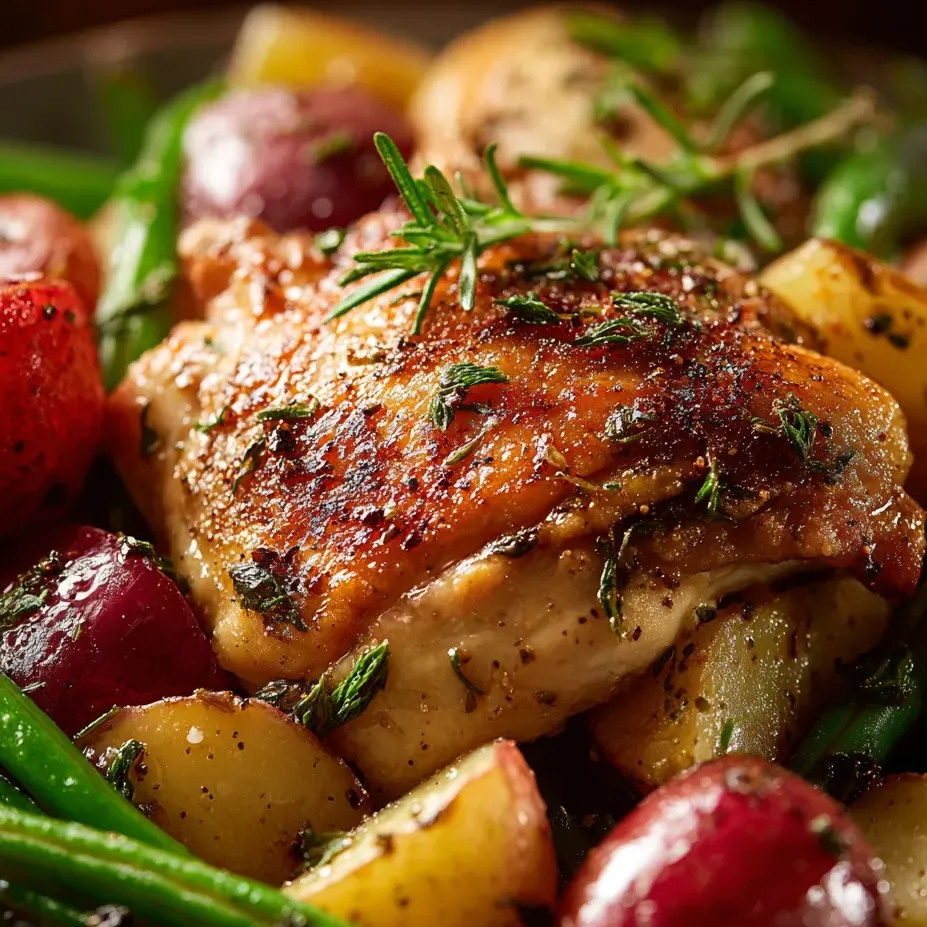 Chicken, potatoes, and green beans arranged on a dinner plate.
