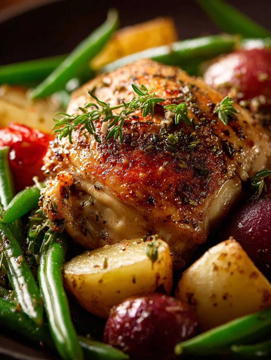 Chicken with potatoes and green beans on a plate.