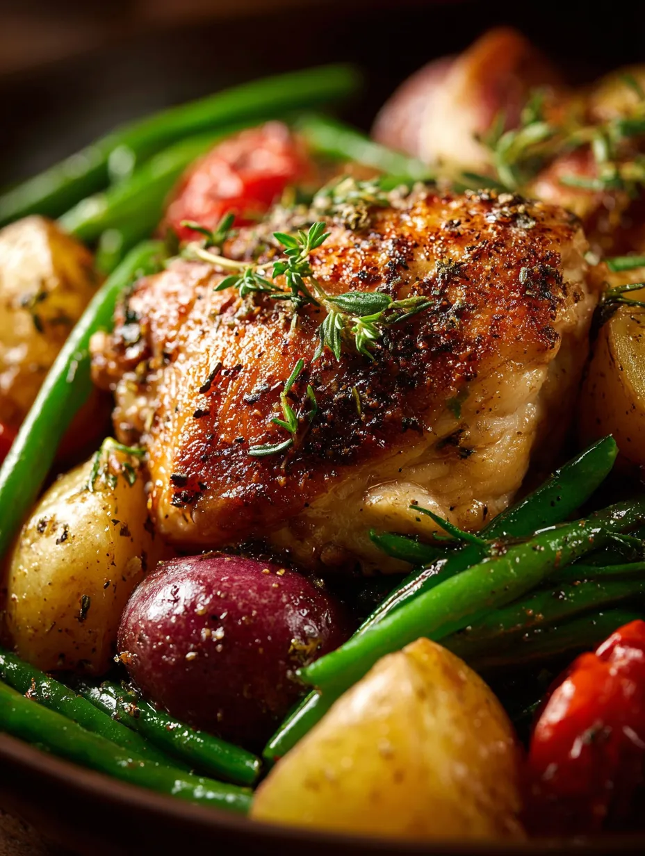 A plate piled with chicken, potatoes, green beans, and tomatoes.