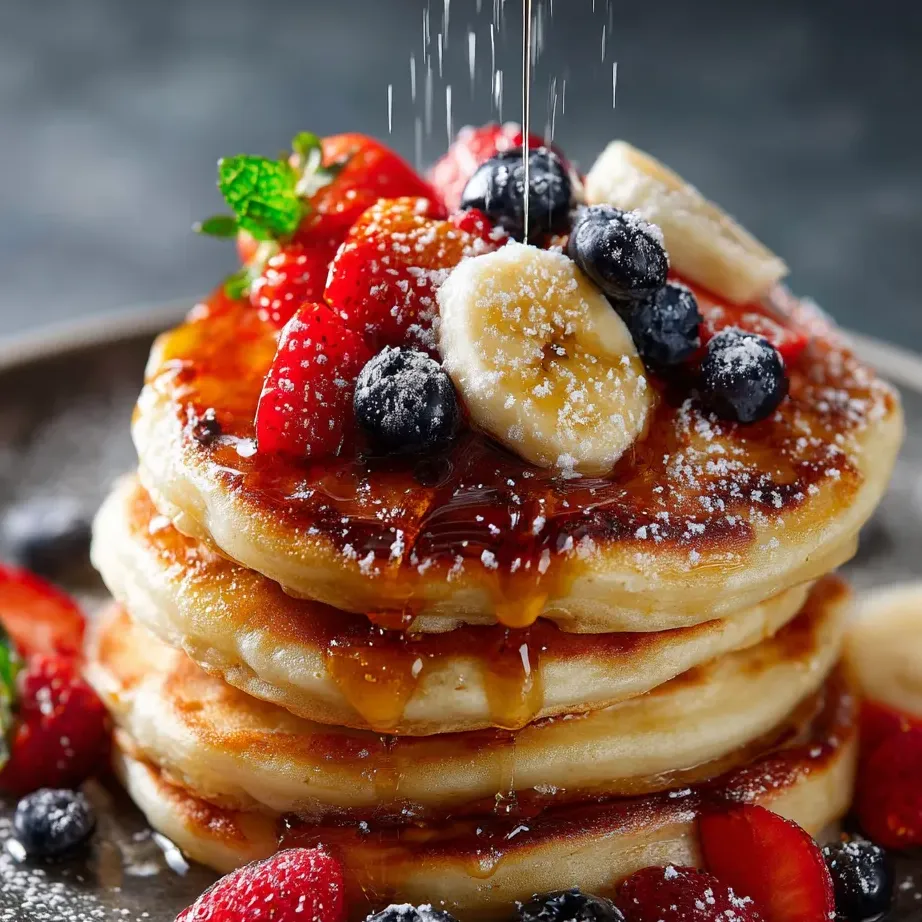 Stacked pancakes topped with banana slices and strawberries.