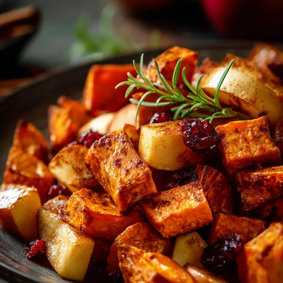 A bowl packed with roasted veggies and apples, rosemary tucked on top.