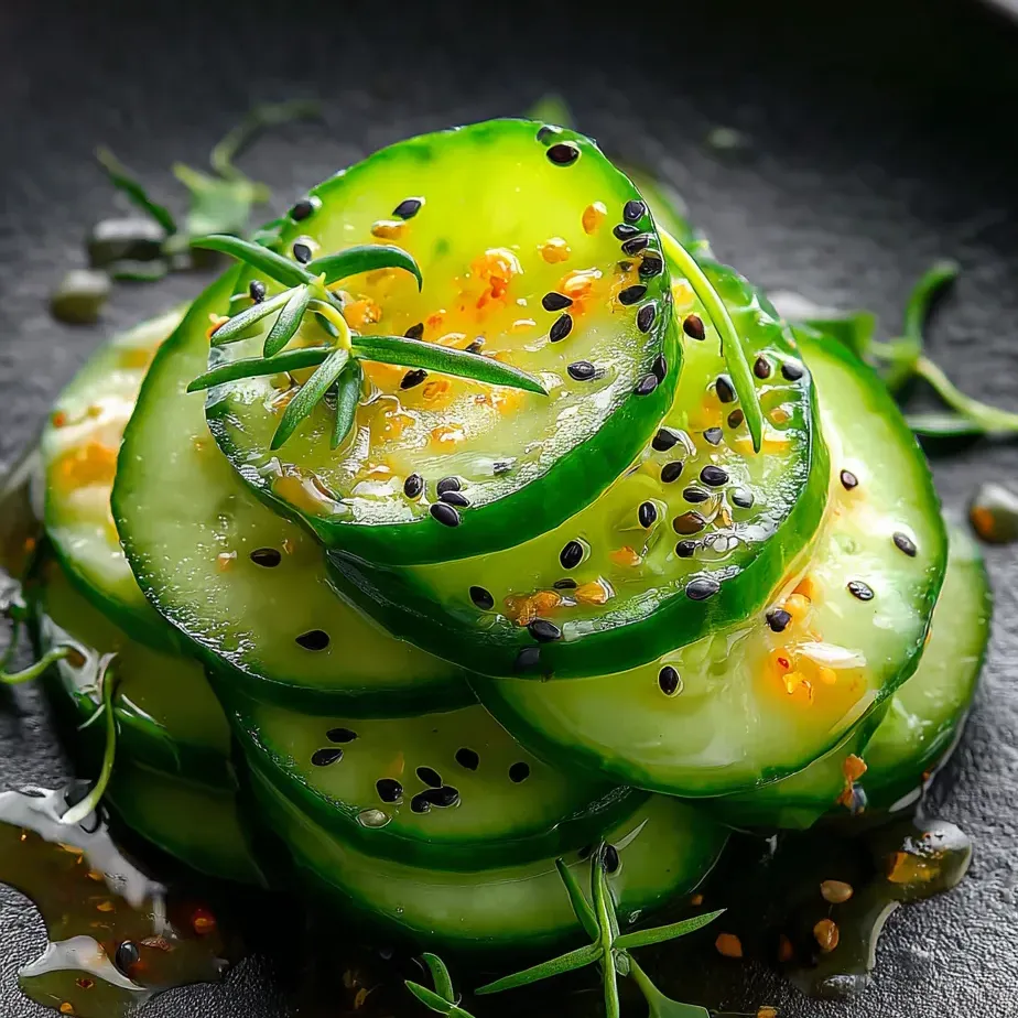 Cucumber slices with visible seeds arranged on a plate.