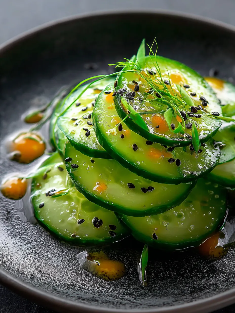 Slices of cucumber on a plate with a drizzle of dressing.