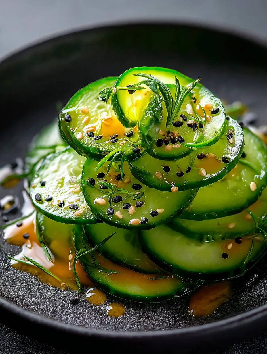 Sliced cucumbers on a plate sprinkled with sesame seeds.