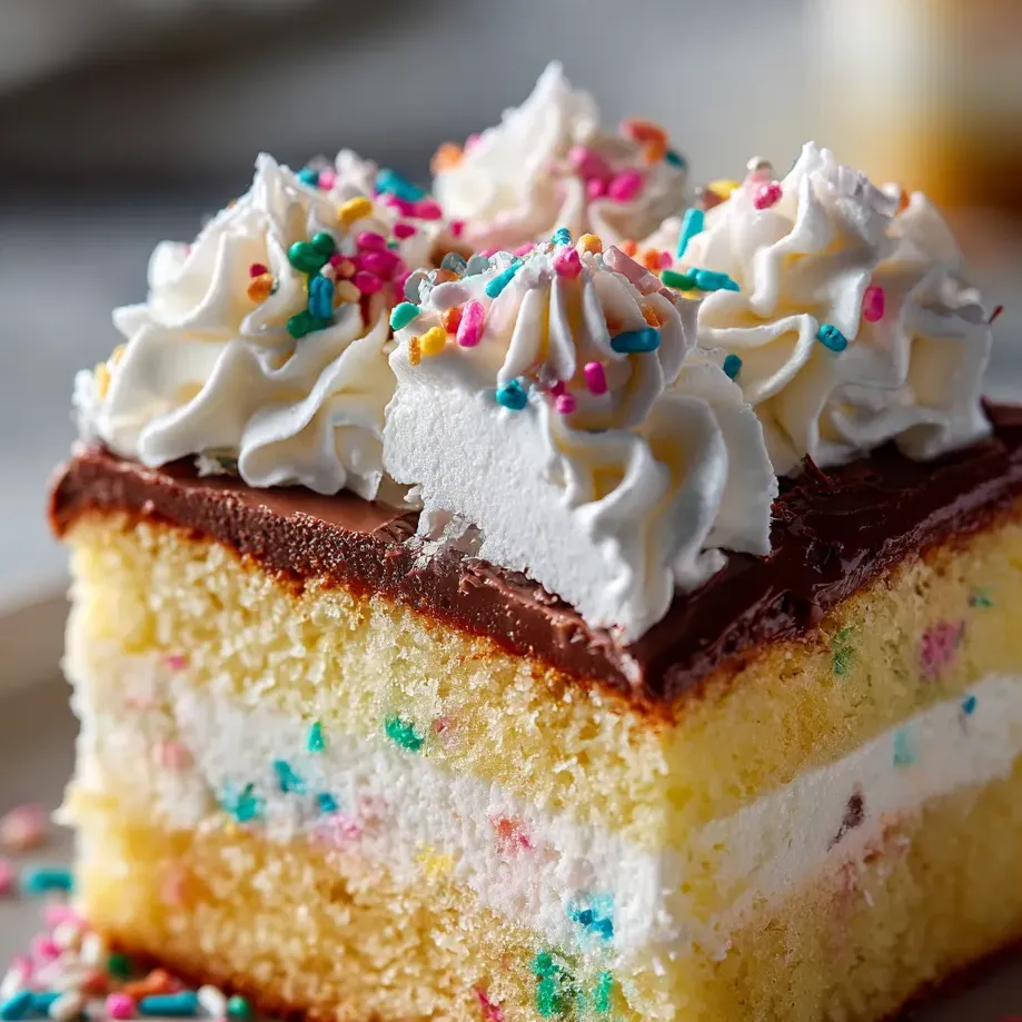 A square of fluffy white cake with colorful sprinkles and loads of frosting.