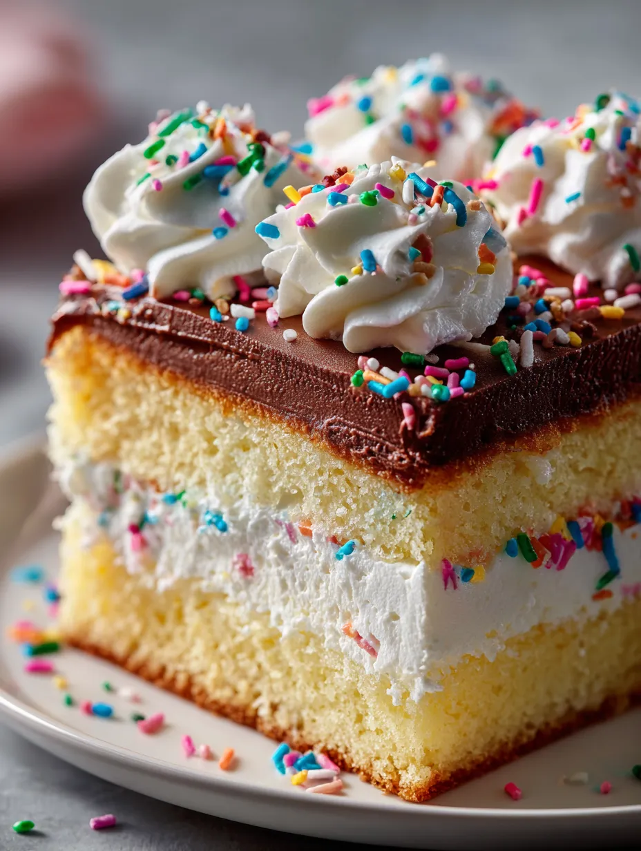 A thick slice of sprinkle-topped cake with white icing.