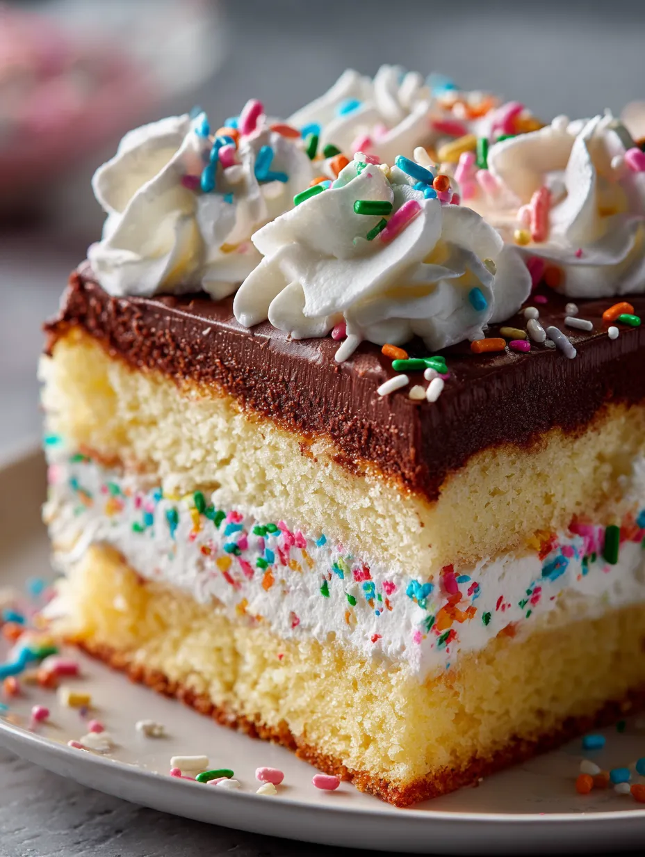 A thick slice of sprinkle-topped cake with white icing.