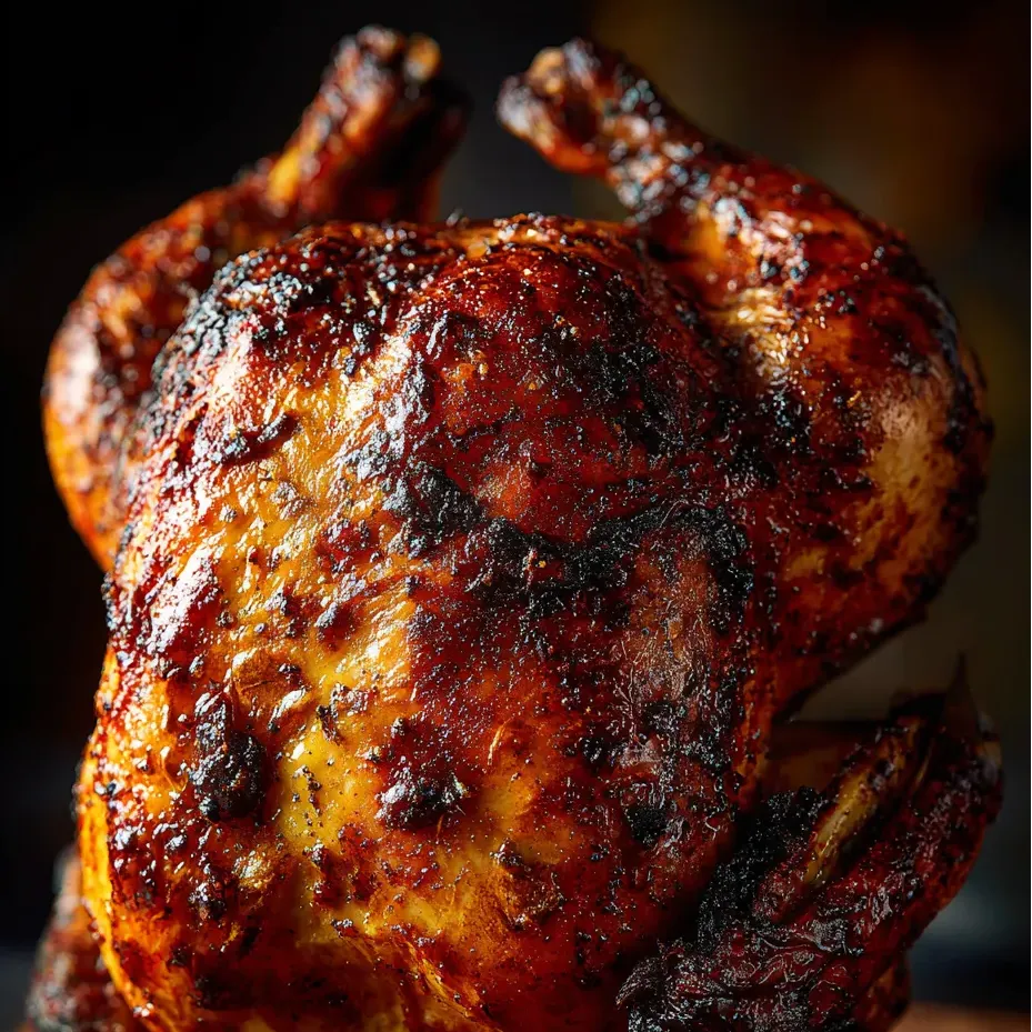 Cooked chicken sitting upright, skin nicely browned.