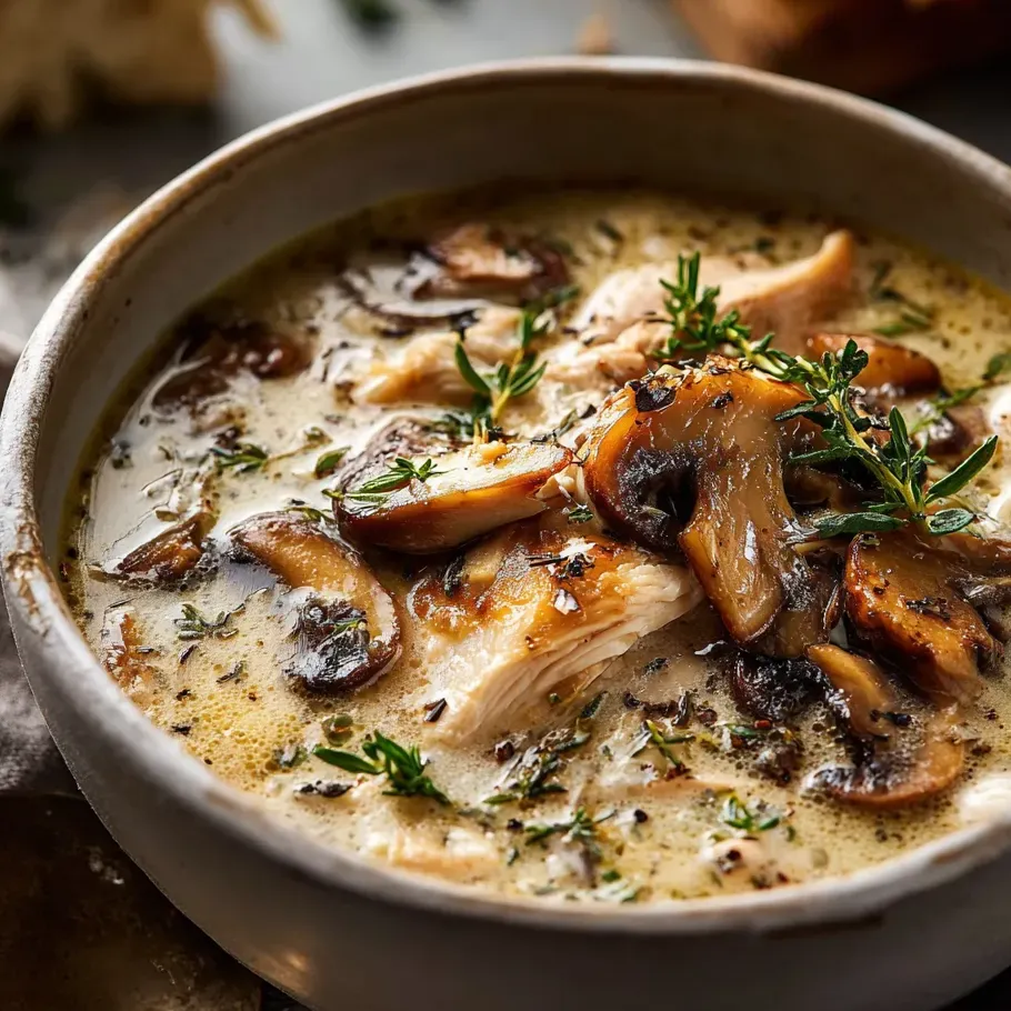 Steaming bowl filled with mushrooms, herbs, and chicken.