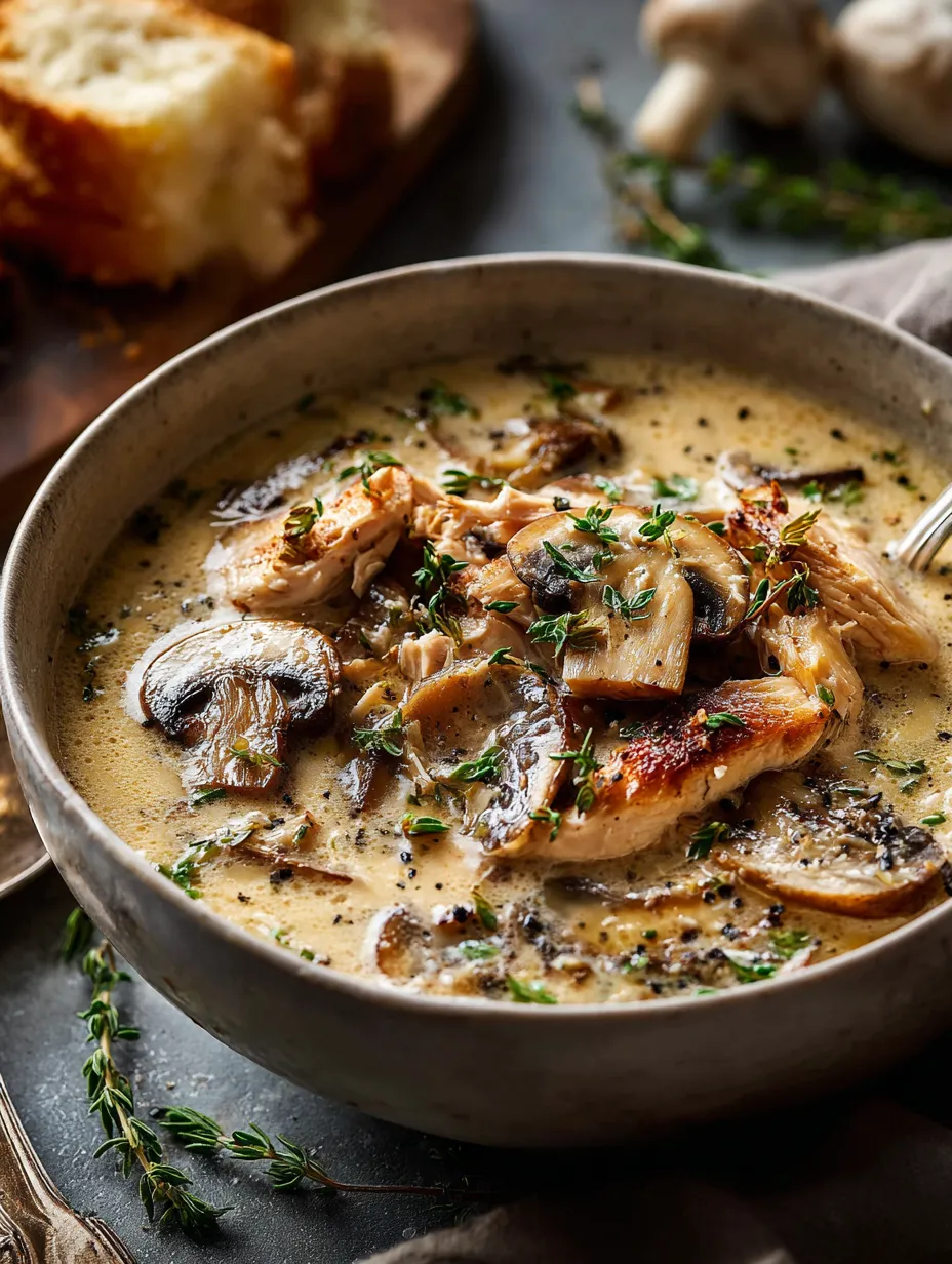 Hearty soup with mushrooms chicken and fresh greens in a bowl.