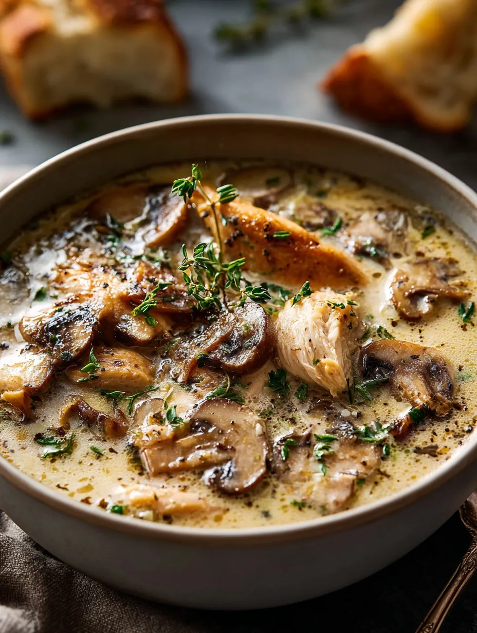 A bowl filled with chicken mushroom soup and fresh herbs.