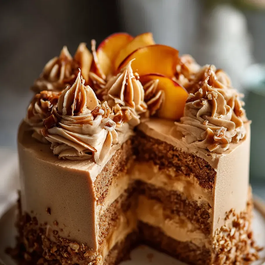 A piece of cake with sliced peaches on top.