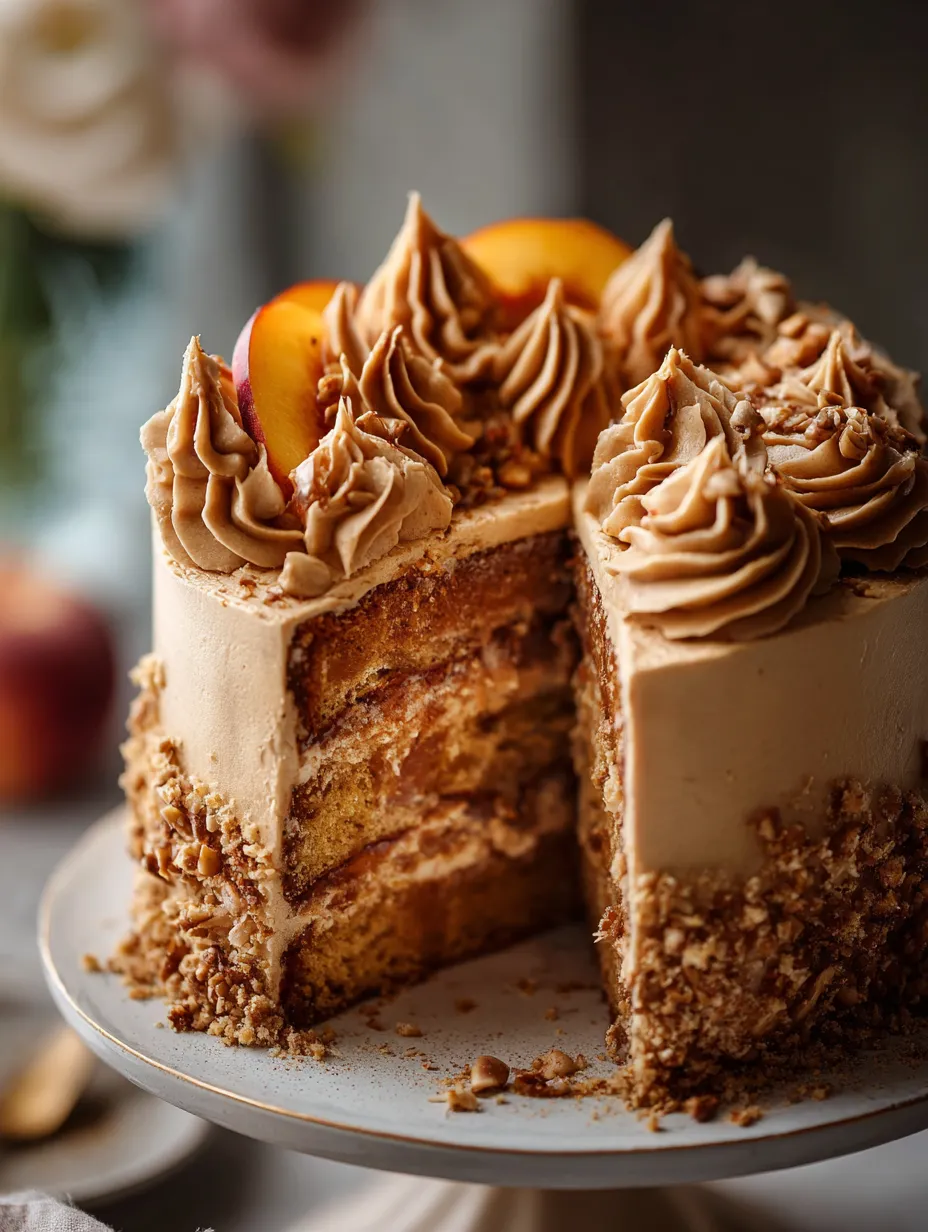 A peach cake slice with whipped cream and peaches as topping.