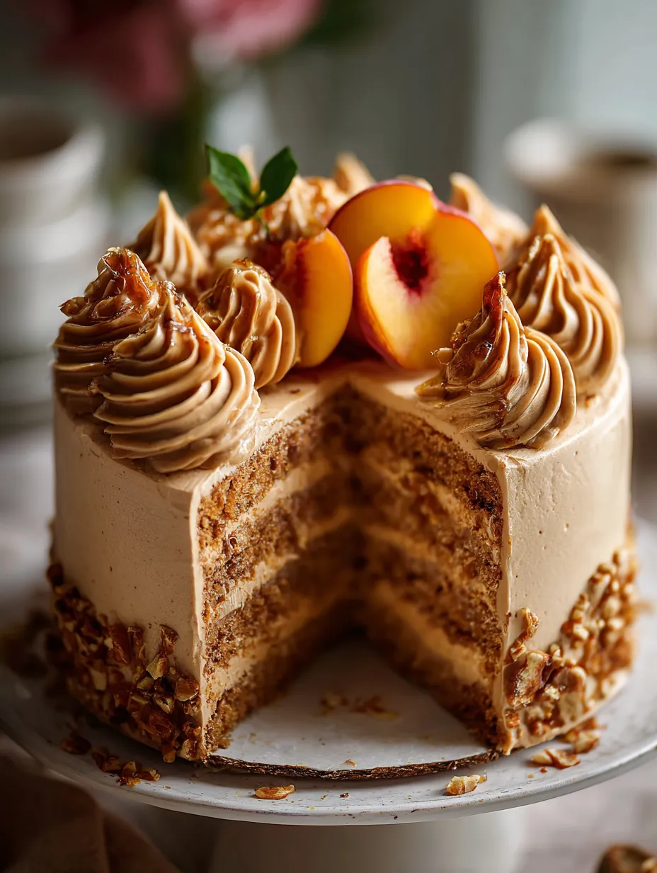 A square of peach cake with real peaches on top.