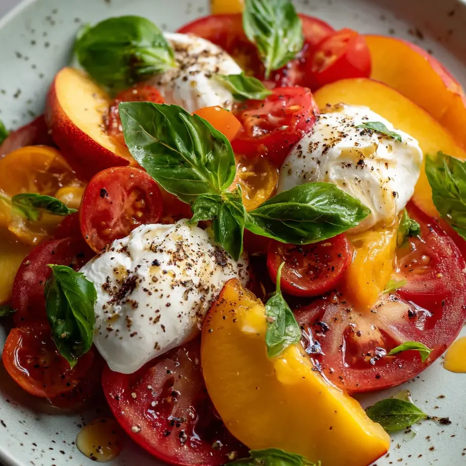 Colorful plate piled with tomatoes and creamy cheese.