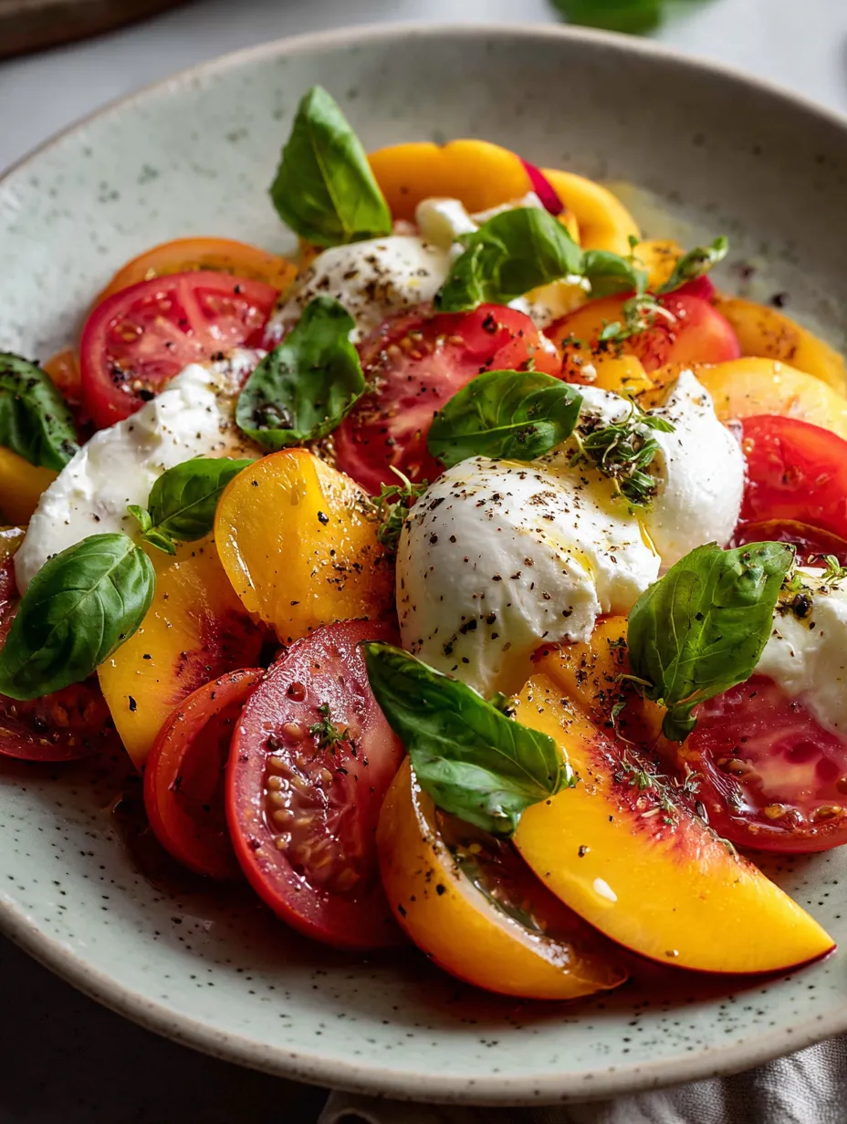 A plate loaded with colorful tomatoes and creamy cheese.