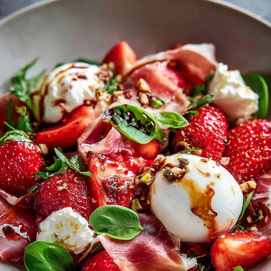Strawberries, cheese, and ham on a plate.