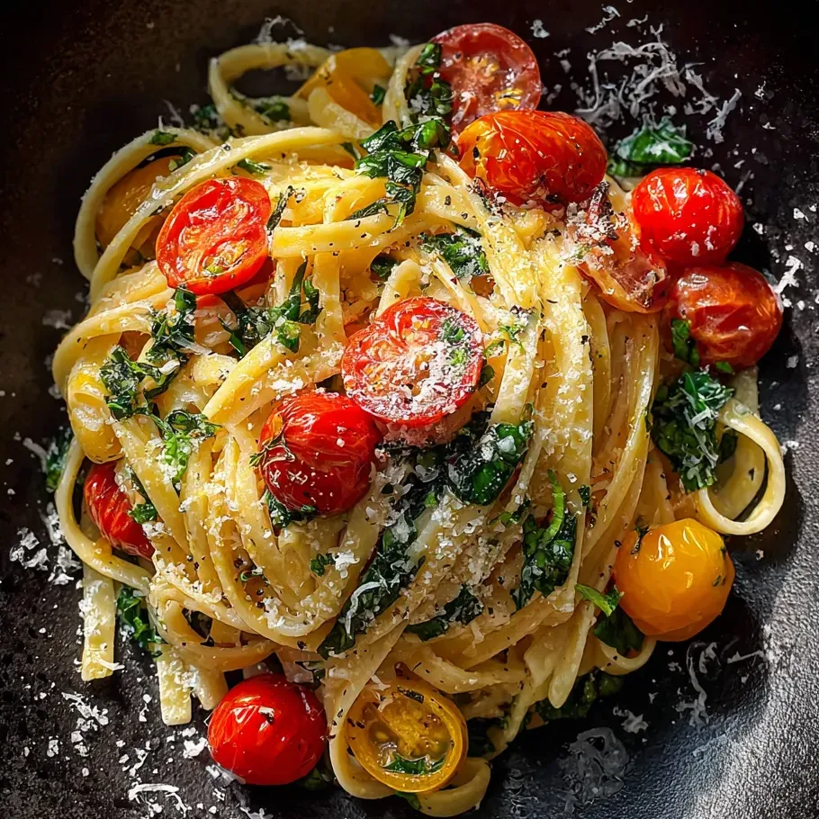 A bowl of noodles with basil and tomatoes.