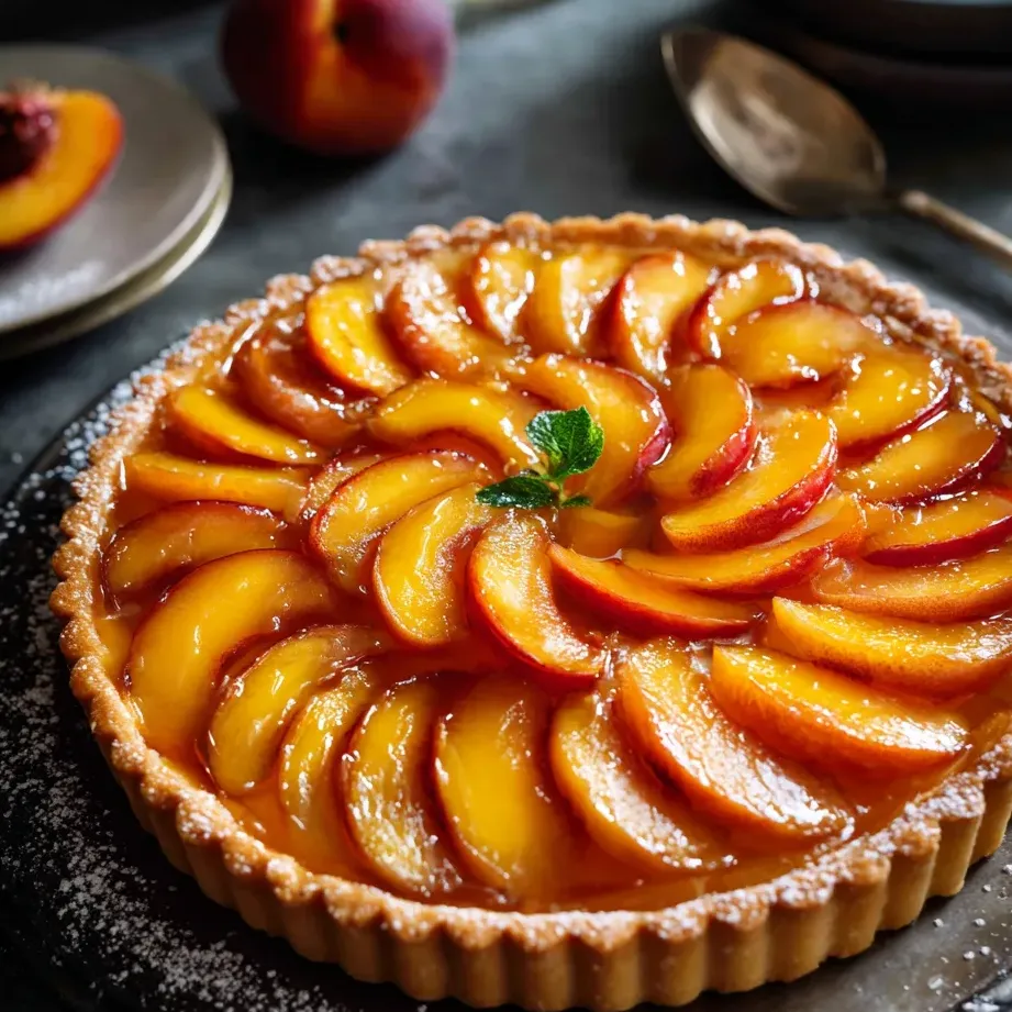 A golden peach tart crowned with a leaf.