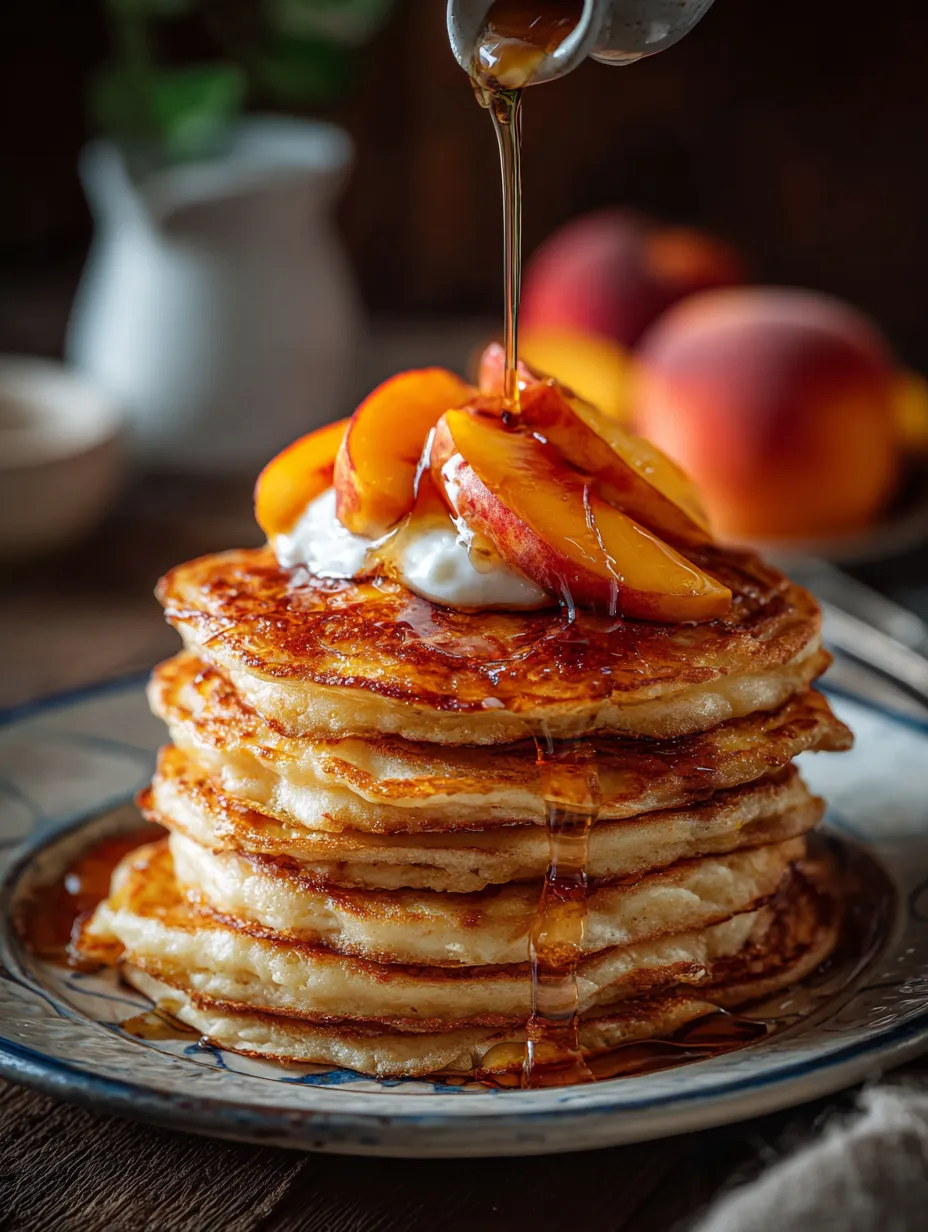 Stacked pancakes covered in peaches.