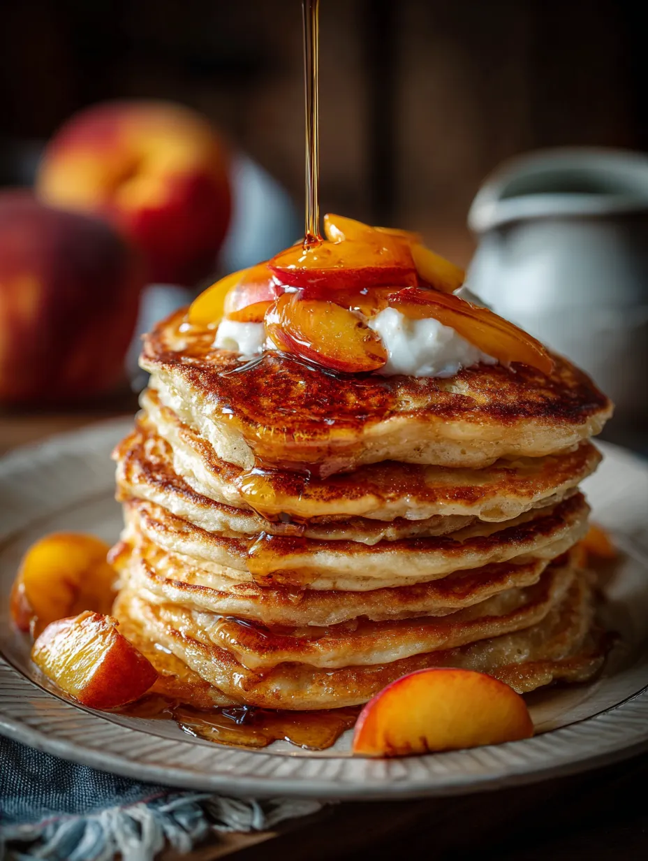 Peachy cream pancakes stacked together.