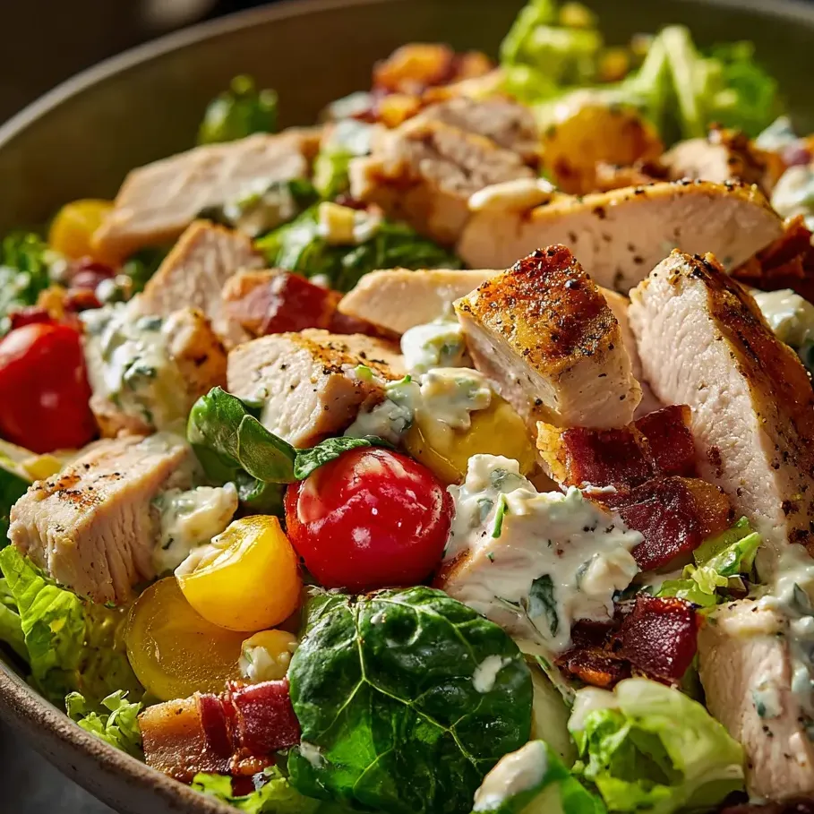 A big colorful bowl with grilled chicken, lettuce, tomatoes, and blue cheese chunks.