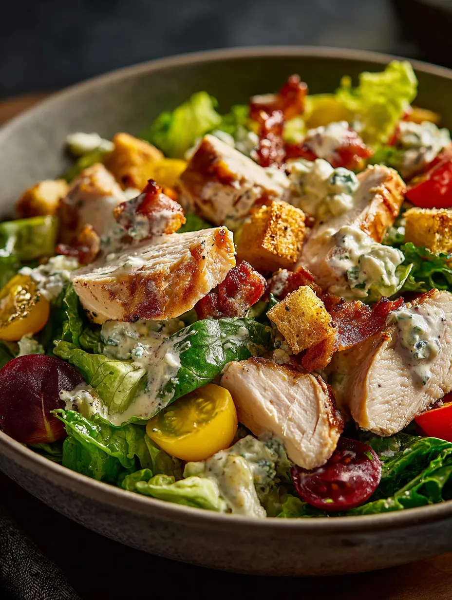 Bowl of greens, chicken, tomatoes, and blue cheese tossed together.