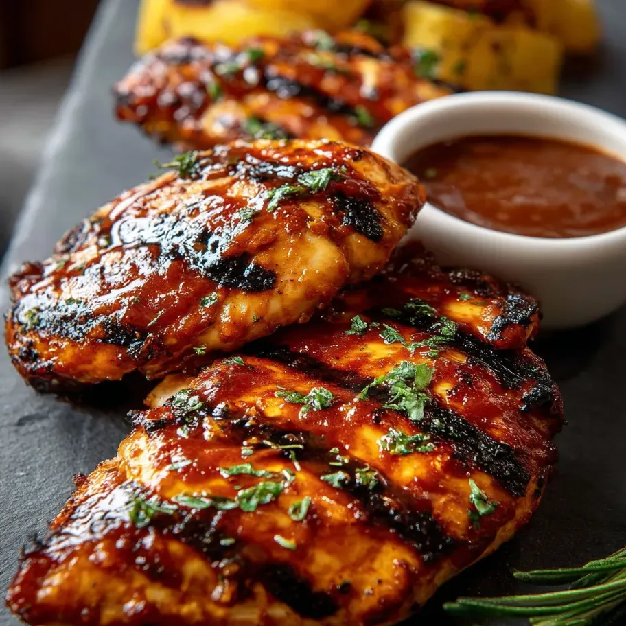 Chicken covered in fruity, spicy sauce on a plate.