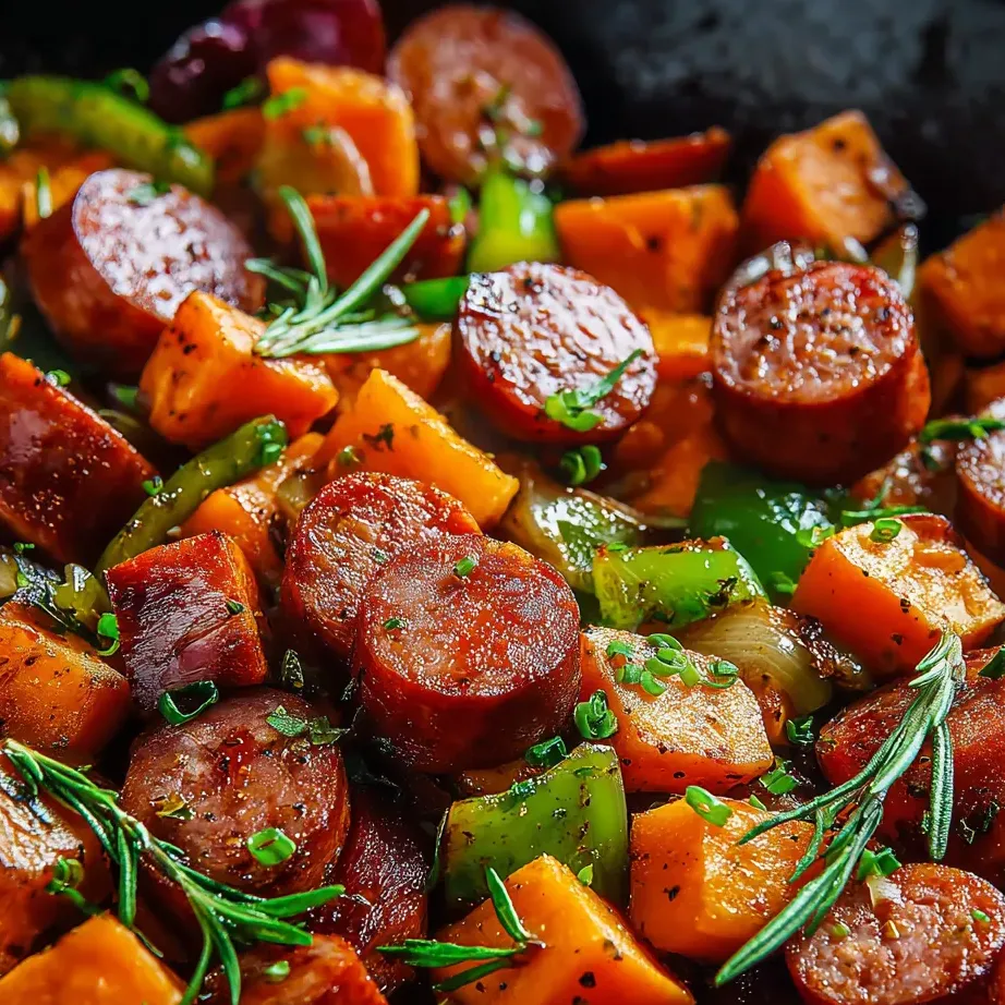 A big spoonful of sausage, sweet potatoes, and veggies that looks super tasty.
