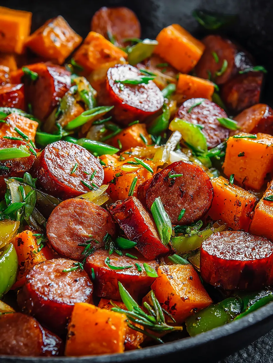 A close up view showing sausage, onions, and carrots together.
