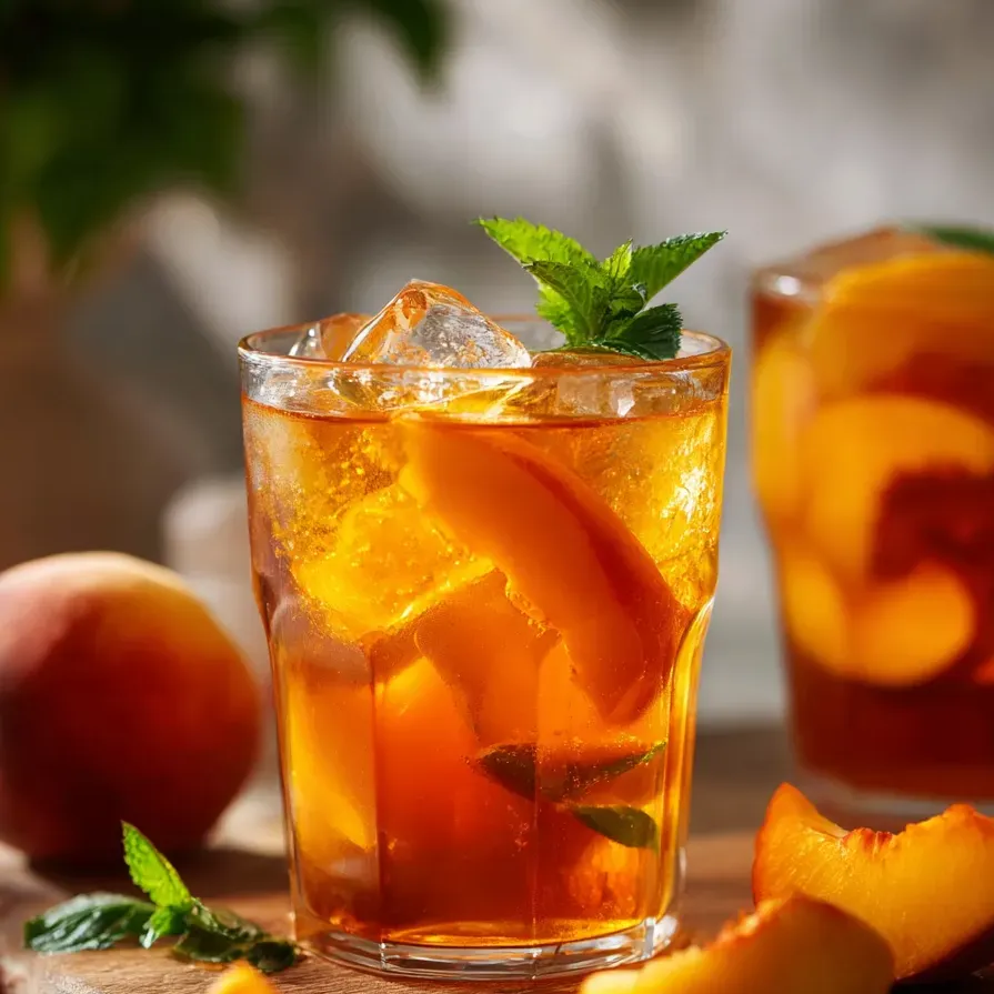 A clear glass filled with tea and a peach slice floating inside.