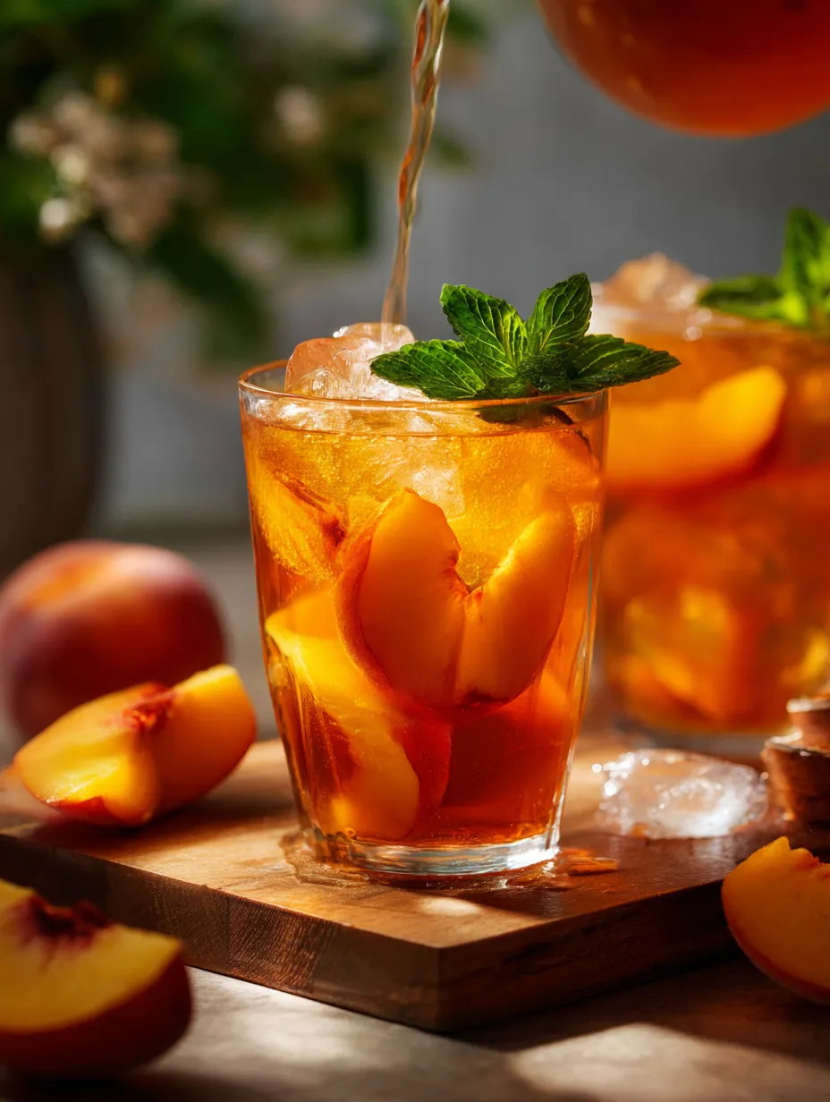 Peach tea in a glass with a sprig of mint.