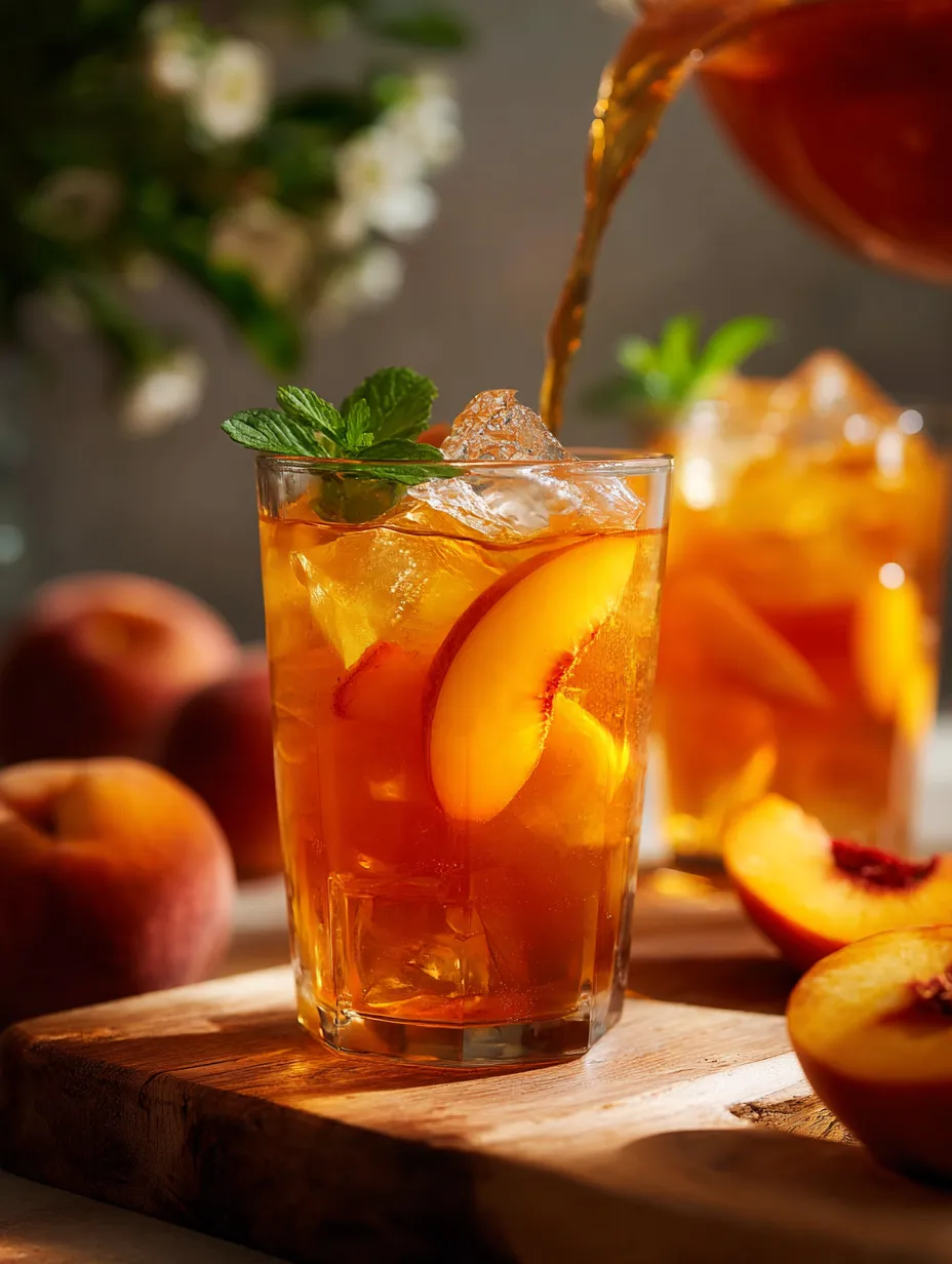 Peach tea in a glass with a juicy peach slice.
