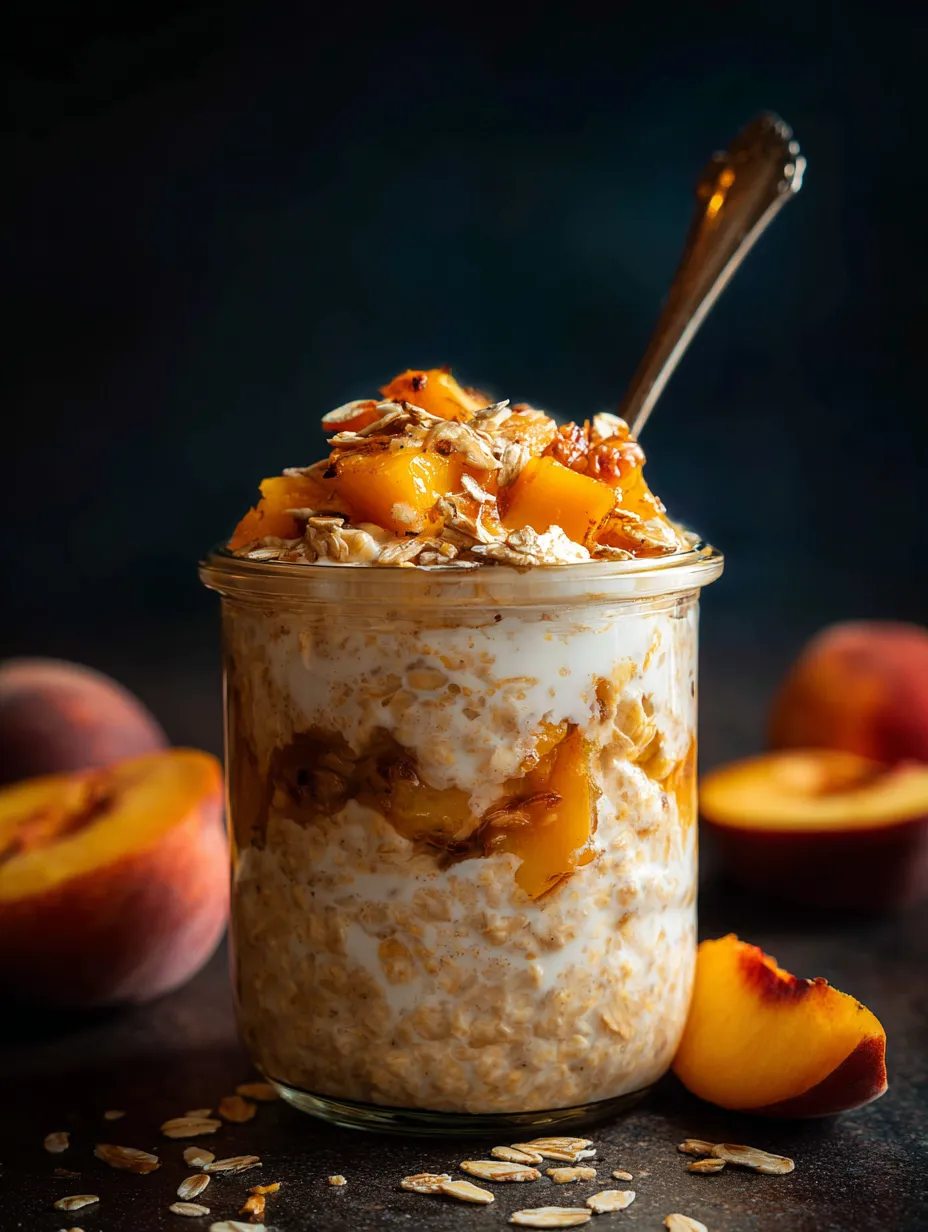 Granola with peach slices in a glass jar.