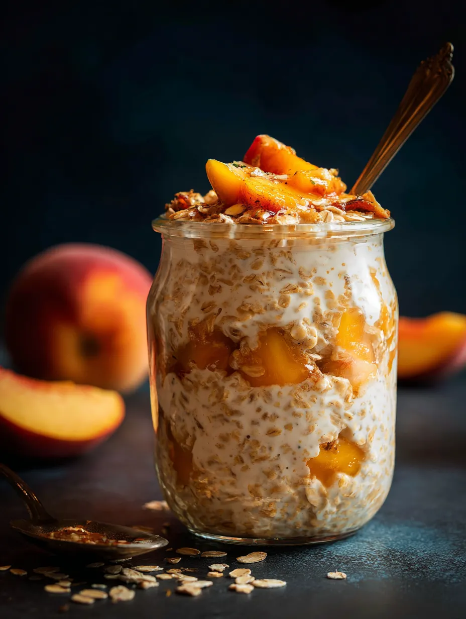 Granola and peaches layered in a glass jar.