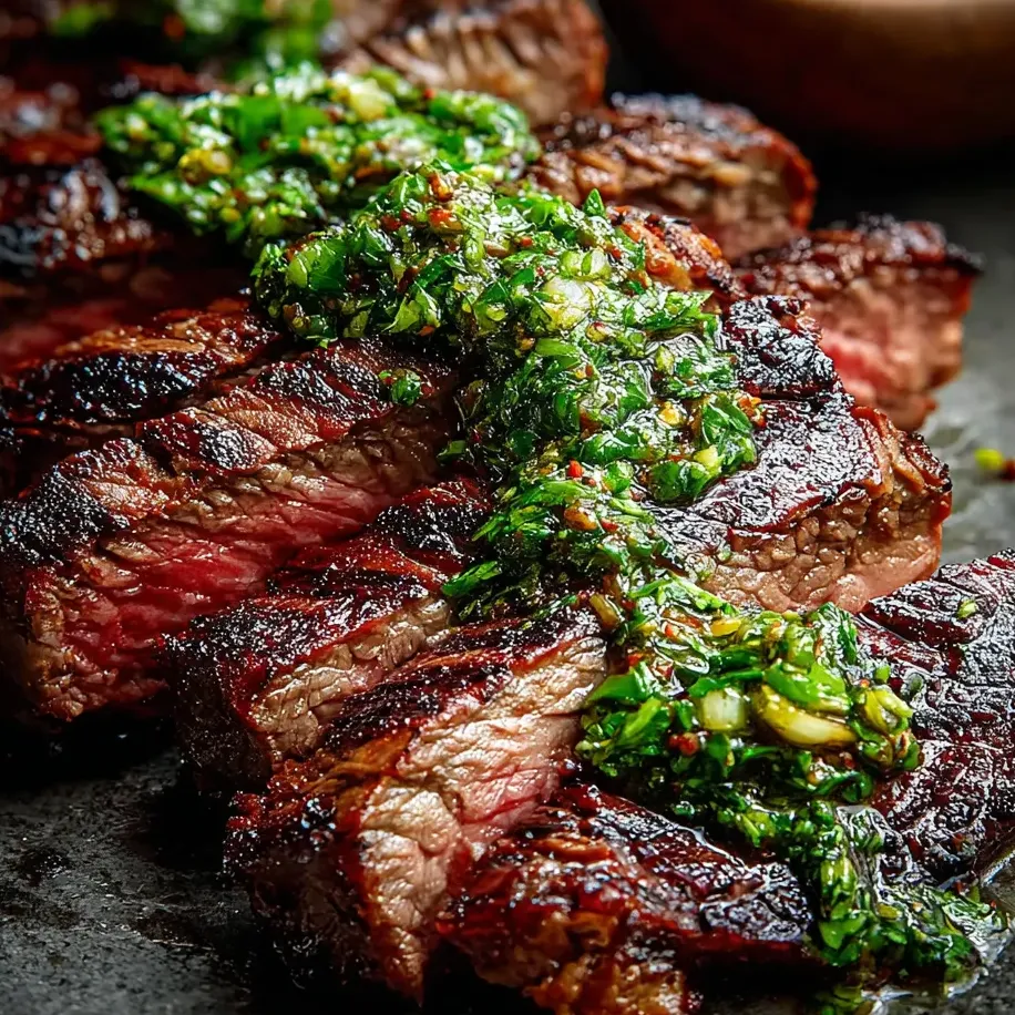 Up-close shot of grilled steak loaded with bright green herby sauce.