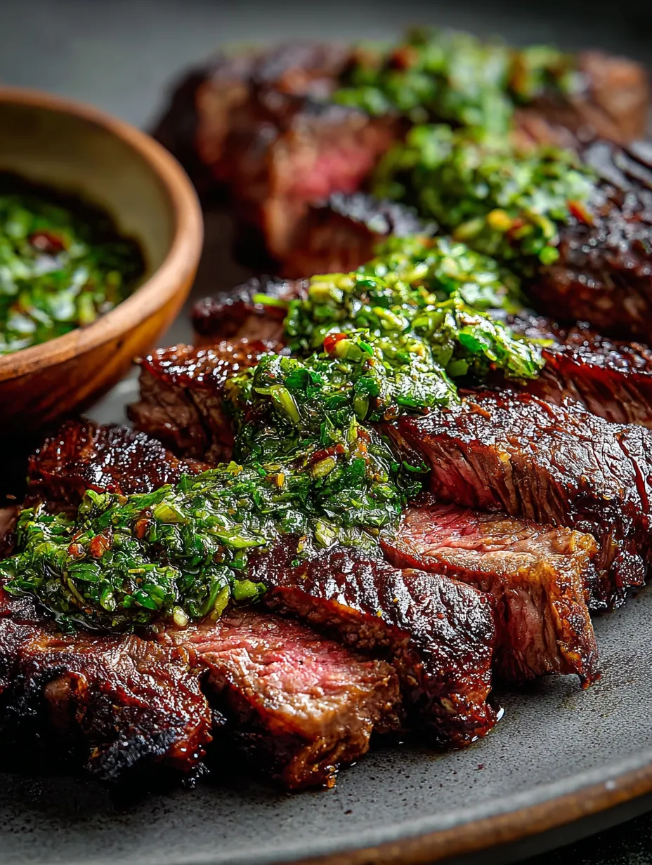 Steak slices on a platter, with a small bowl of green sauce nearby.