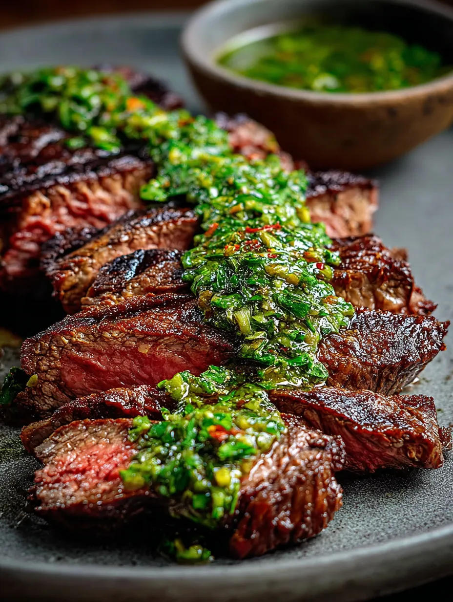 A slice of juicy steak topped with green chimichurri sauce.