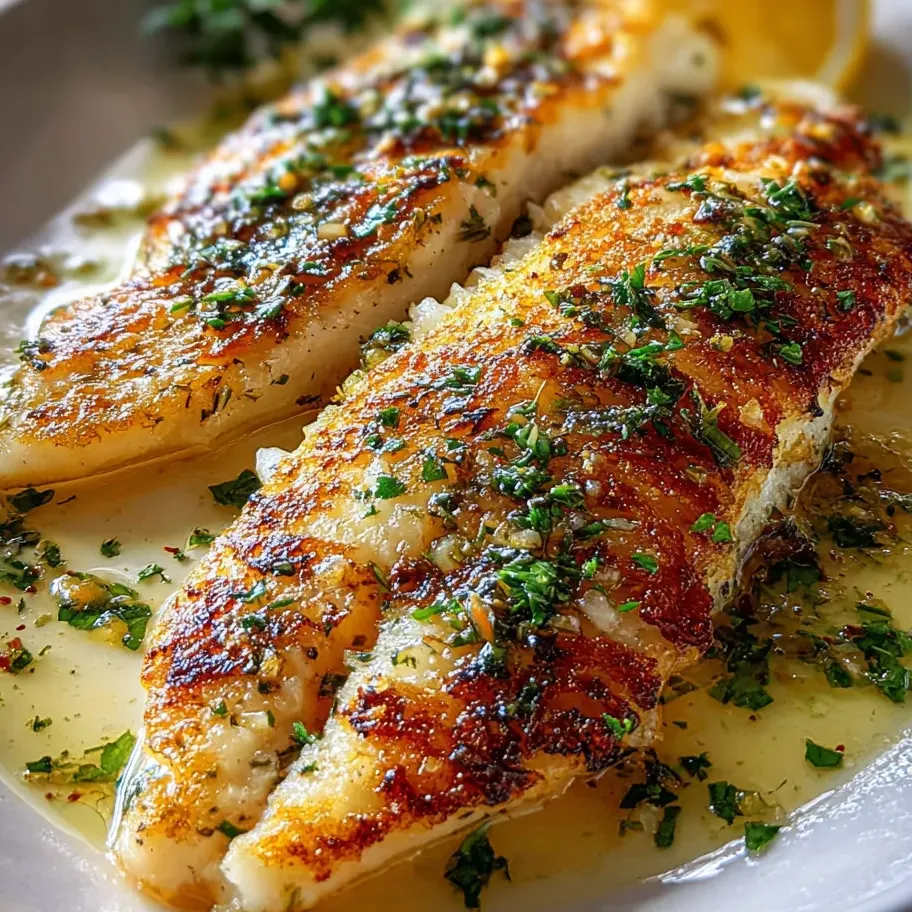 Two pieces of baked fish topped with herbs and lemon slices.