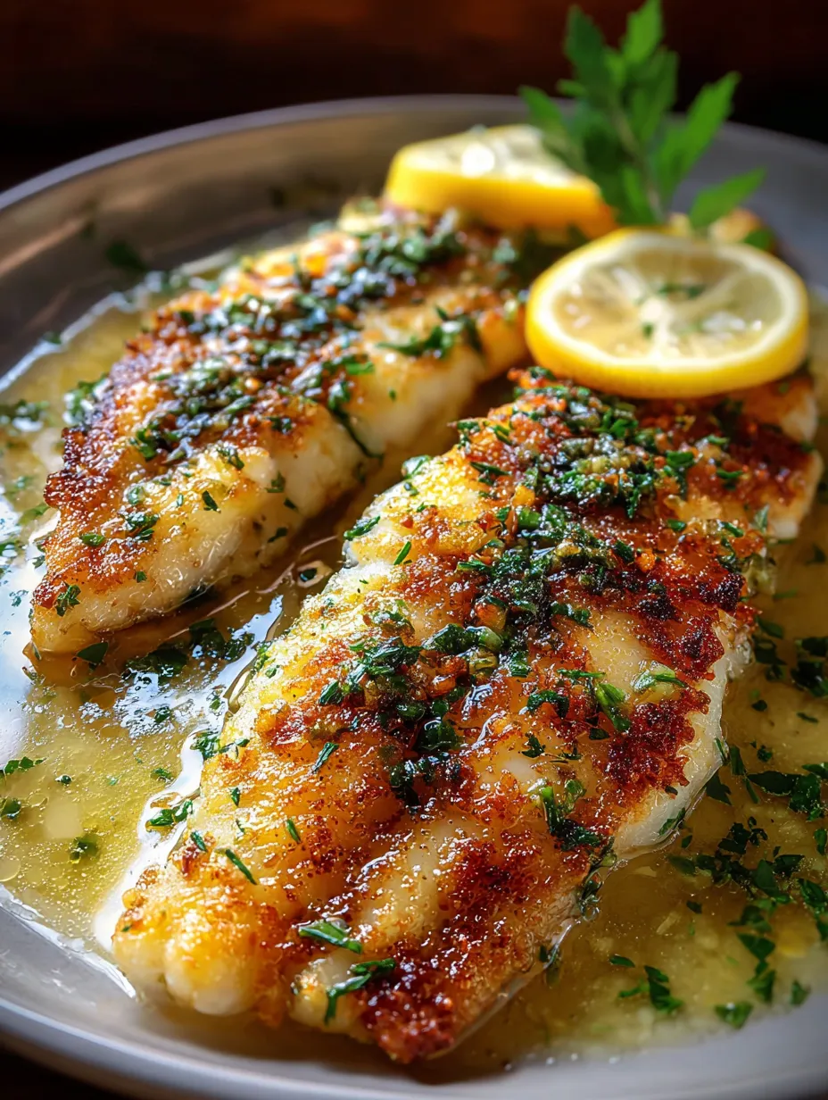 Fish fillets on a plate topped with lemon slices.