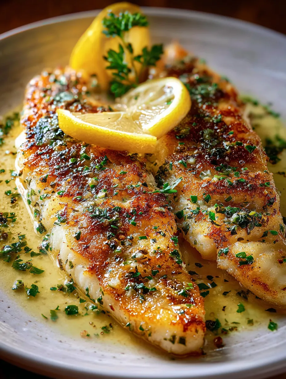 A plate with flaky fish, lemon slices, and fresh herbs.