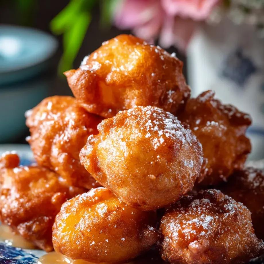 Stacked sugary doughnuts with a dusting of powdered sugar.