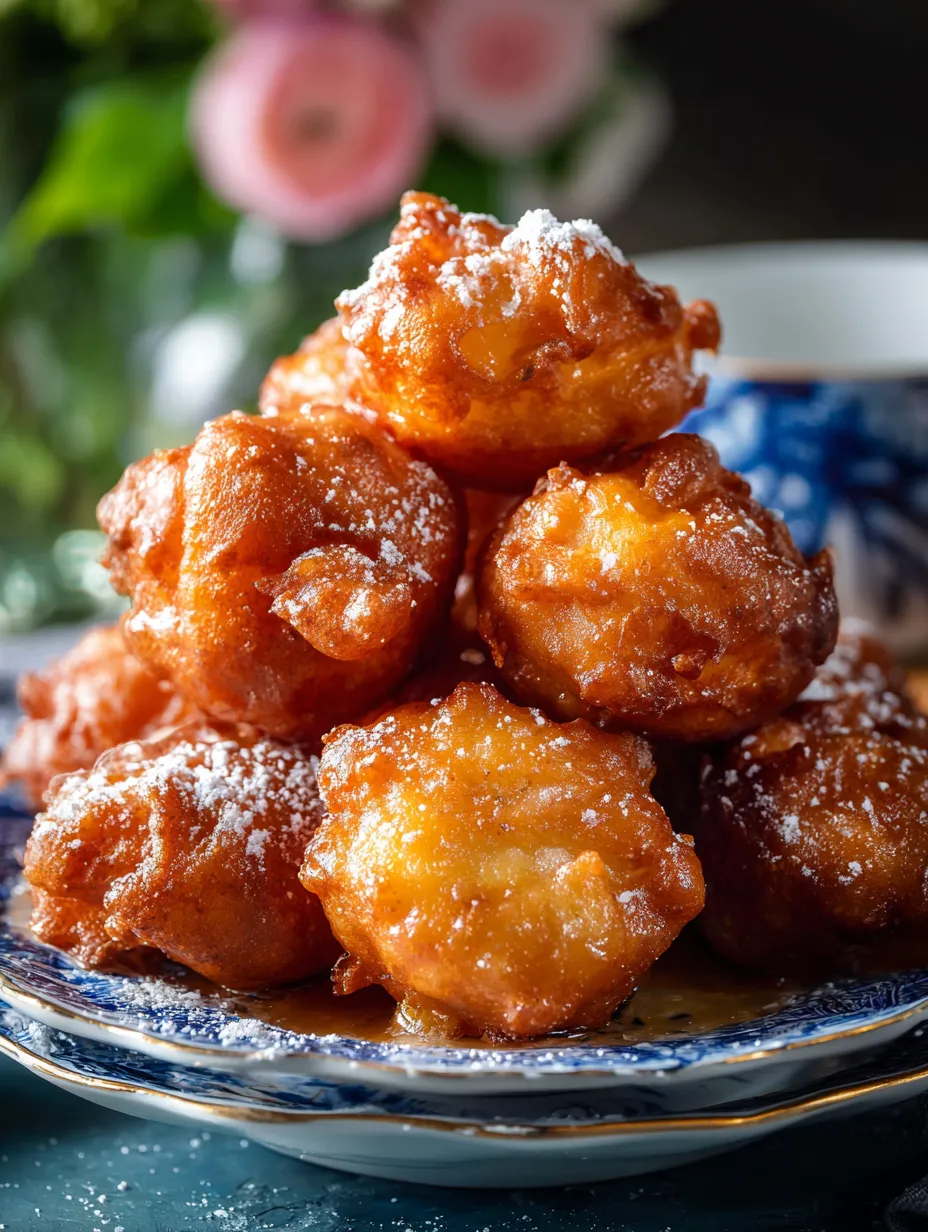 A pile of sugar-dusted doughnuts stacked on a plate.