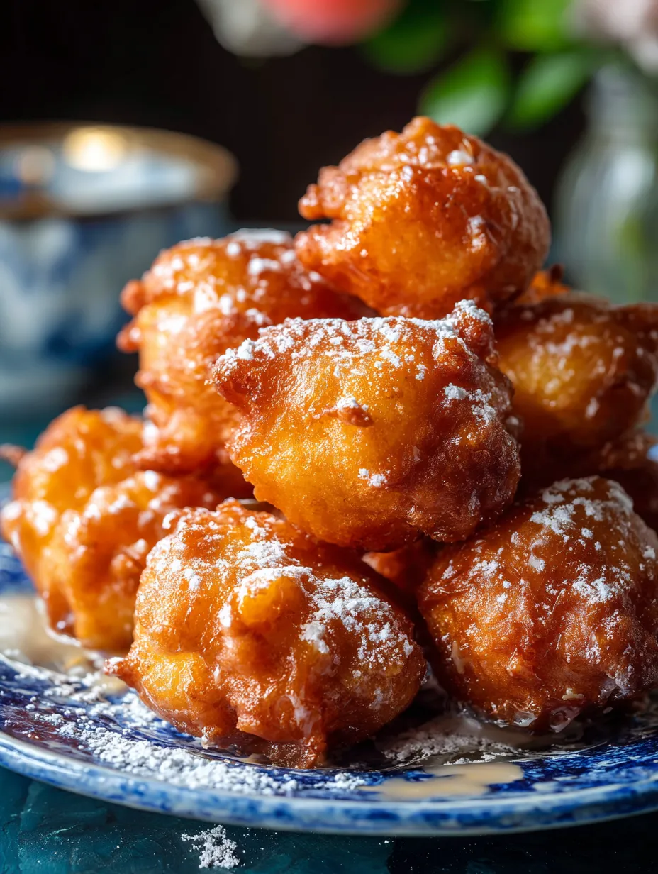 A pile of sugar-dusted doughnuts stacked on a plate.
