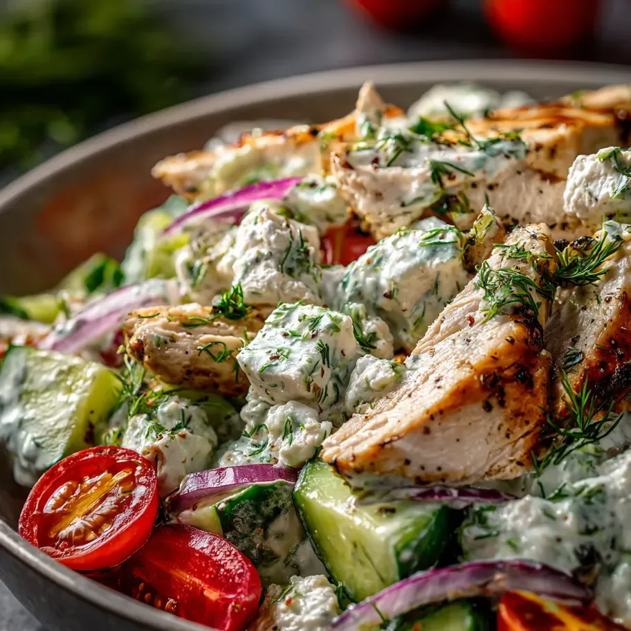 Chicken salad loaded with cucumbers, onions, and tomatoes in a bowl.
