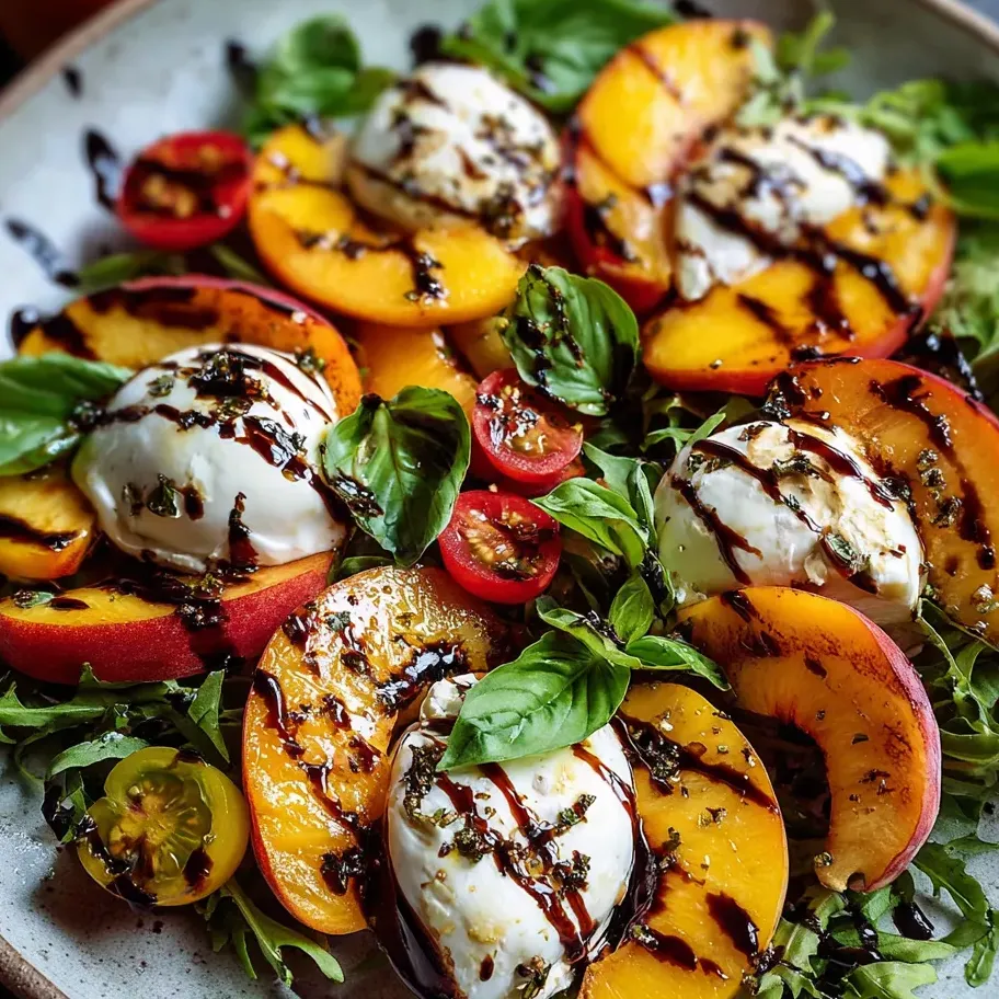A serving of cheese and peaches with greens on a plate.