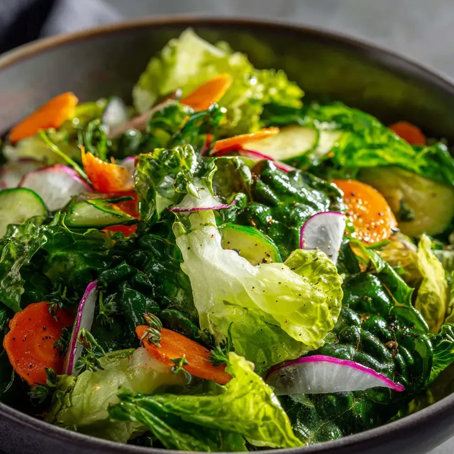 Salad bowl with cucumbers, lettuce, and carrots all mixed together.